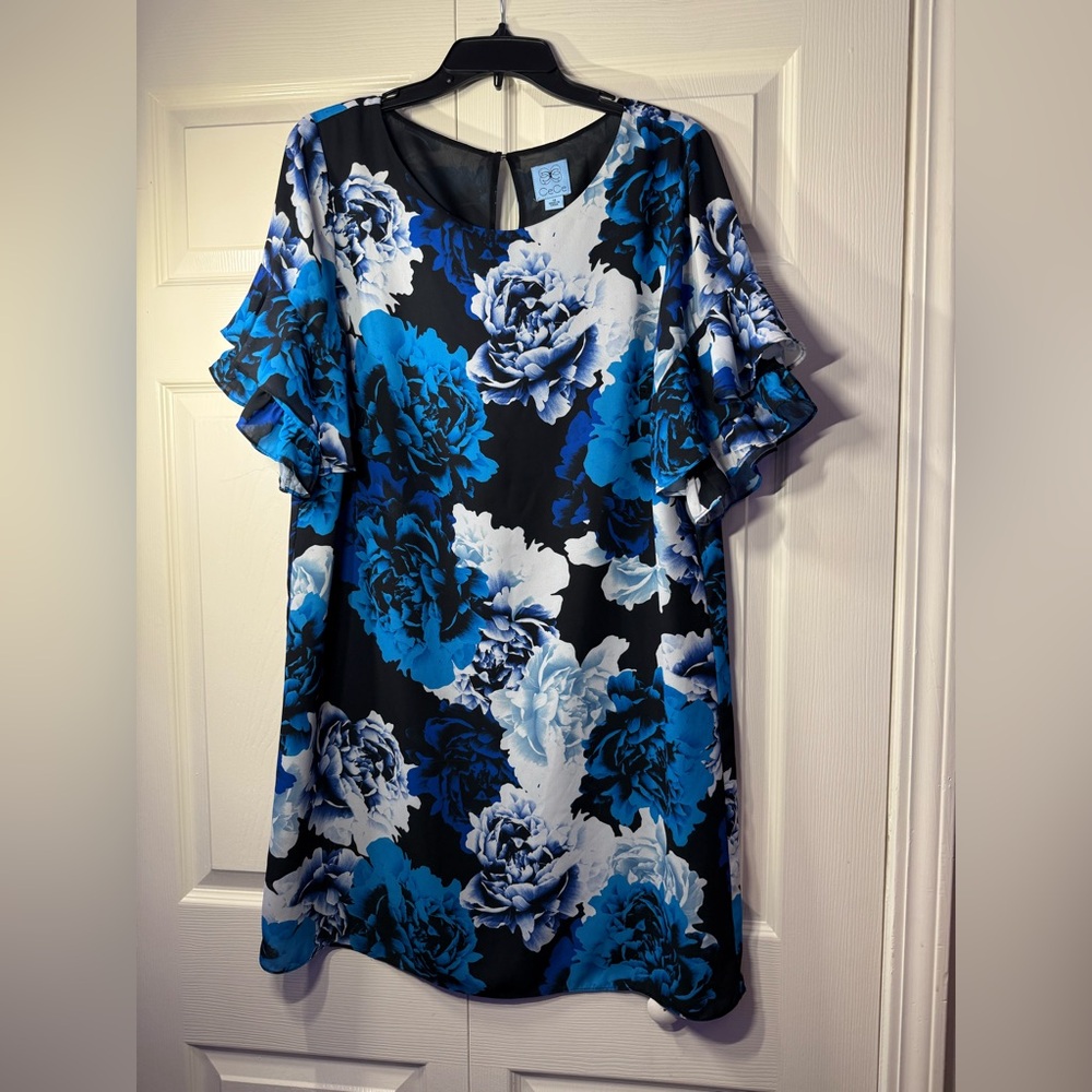 CeCe Women’s Blue Floral Print Ruffled Sleeve Dress